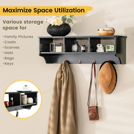 Black wall mounted cubby organizer shelf with four hanging hooks and premium painted wood finish — view 2
