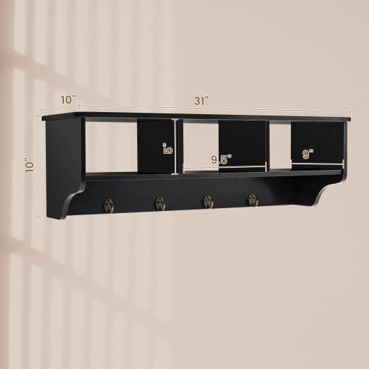 Black wall mounted cubby organizer shelf with four hanging hooks and premium painted wood finish — view 3