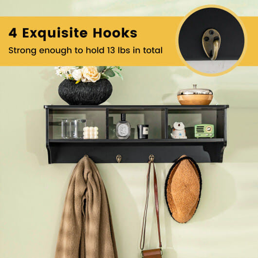 Black wall mounted cubby organizer shelf with four hanging hooks and premium painted wood finish — view 4