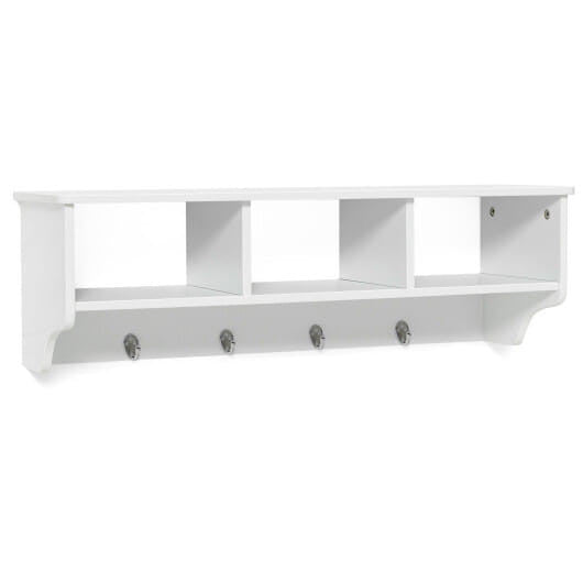 Black wall mounted cubby organizer shelf with four hanging hooks and premium painted wood finish — view 5