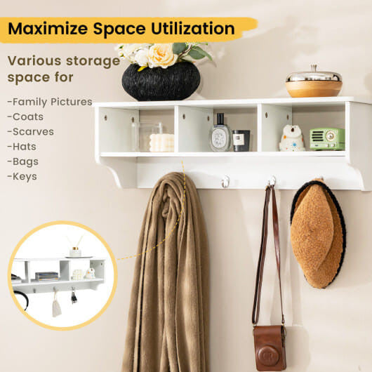 Black wall mounted cubby organizer shelf with four hanging hooks and premium painted wood finish — view 7