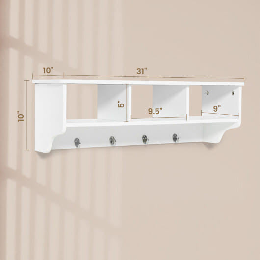 Black wall mounted cubby organizer shelf with four hanging hooks and premium painted wood finish — view 8