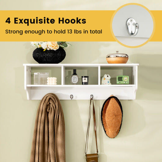 Black wall mounted cubby organizer shelf with four hanging hooks and premium painted wood finish — view 9