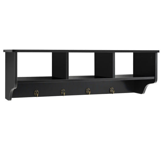 Black wall mounted cubby organizer shelf with four hanging hooks and premium painted wood finish — view 10