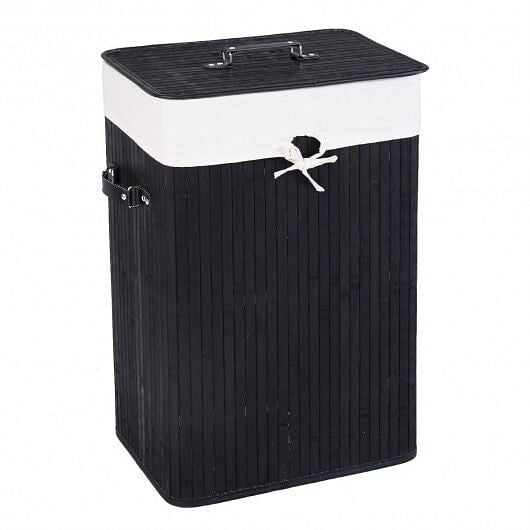 Natural bamboo laundry hamper with robust lid, PU handles, and detachable cotton inner pocket.