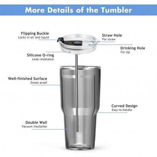 30oz stainless steel double-walled insulated tumbler cup with spill-resistant lid for hot and cold drinks — view 3