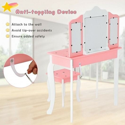 Pink kids princess vanity table and stool set featuring a tri-folding mirror and storage drawer — view 2