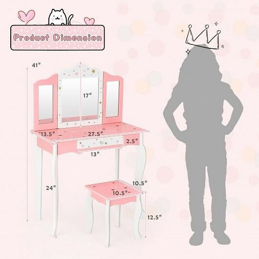 Pink kids princess vanity table and stool set featuring a tri-folding mirror and storage drawer — view 3
