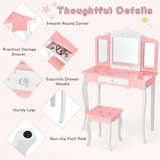 Pink kids princess vanity table and stool set featuring a tri-folding mirror and storage drawer — view 4