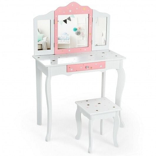 Pink kids princess vanity table and stool set featuring a tri-folding mirror and storage drawer — view 5