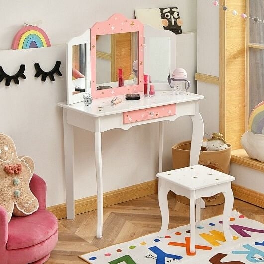 Pink kids princess vanity table and stool set featuring a tri-folding mirror and storage drawer — view 6