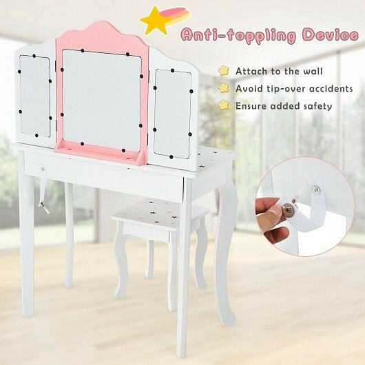 Pink kids princess vanity table and stool set featuring a tri-folding mirror and storage drawer — view 7