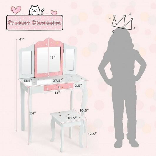 Pink kids princess vanity table and stool set featuring a tri-folding mirror and storage drawer — view 8