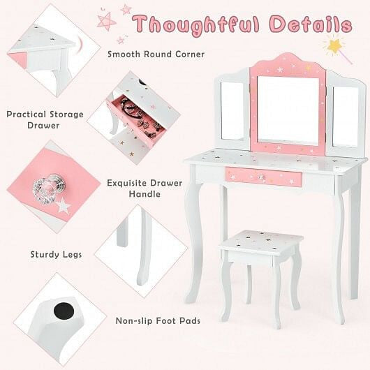 Pink kids princess vanity table and stool set featuring a tri-folding mirror and storage drawer — view 9