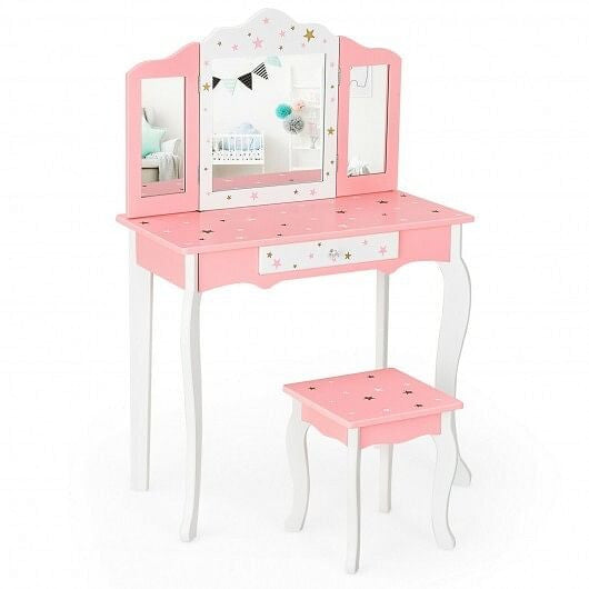 Pink kids princess vanity table and stool set featuring a tri-folding mirror and storage drawer — view 10
