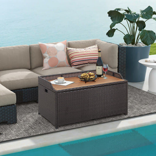 45 gallon outdoor storage bench with acacia wood lid and PU coated zippered liner