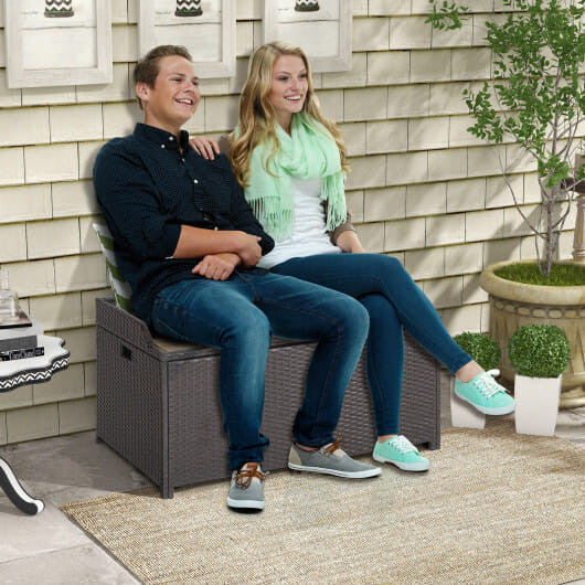 45 gallon outdoor storage bench with acacia wood lid and PU coated zippered liner — view 2