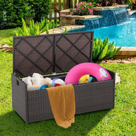 Woven mix brown PE rattan patio storage bench with seat cushion and zippered liner — view 2