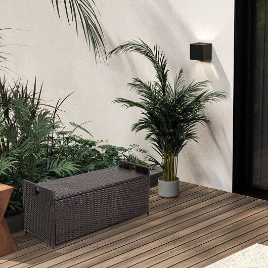 Woven mix brown PE rattan patio storage bench with seat cushion and zippered liner — view 4