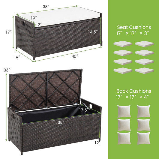 Woven mix brown PE rattan patio storage bench with seat cushion and zippered liner — view 3