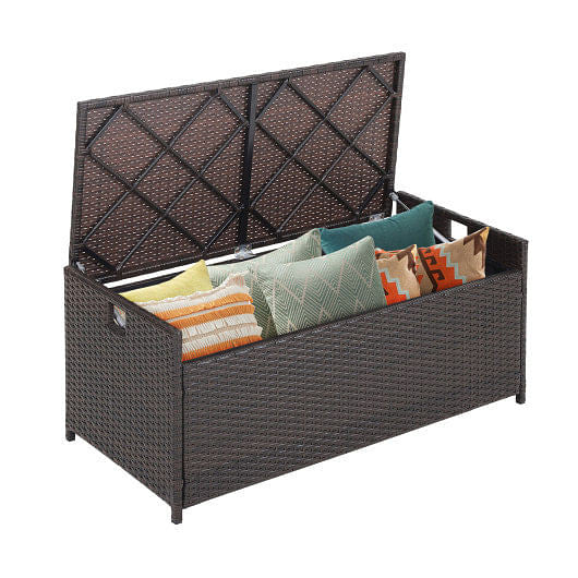Woven mix brown PE rattan patio storage bench with seat cushion and zippered liner