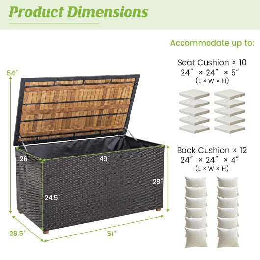 134 gallon brown rattan outdoor storage box with solid acacia wood top and elevated legs — view 4