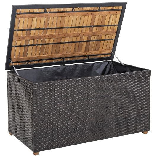 134 gallon brown rattan outdoor storage box with solid acacia wood top and elevated legs — view 5