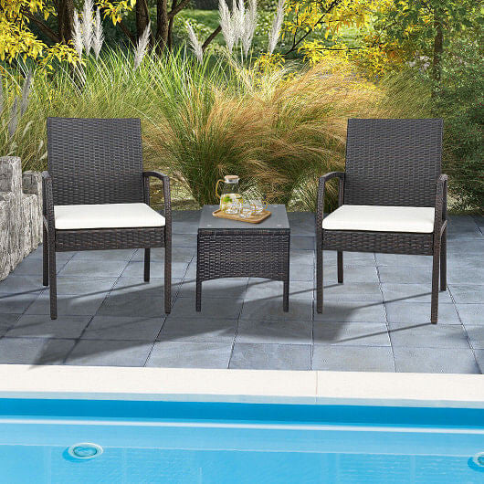 Two piece patio wicker dining armchair set with soft beige cushions and sturdy metal frames