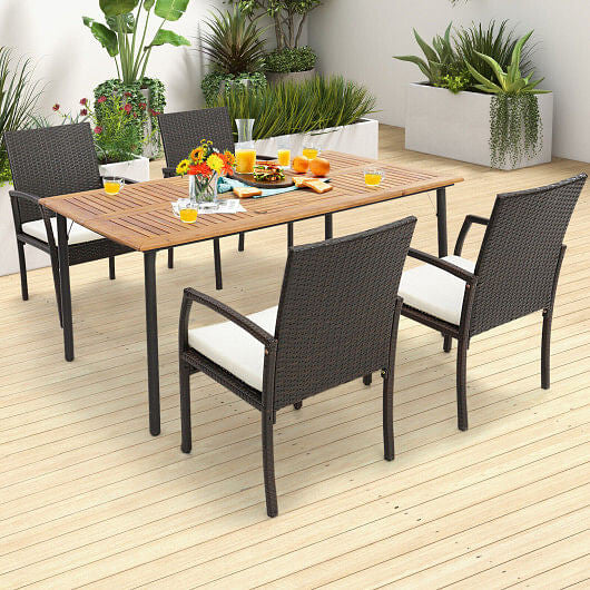 Two piece patio wicker dining armchair set with soft beige cushions and sturdy metal frames — view 2