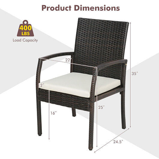 Two piece patio wicker dining armchair set with soft beige cushions and sturdy metal frames — view 3