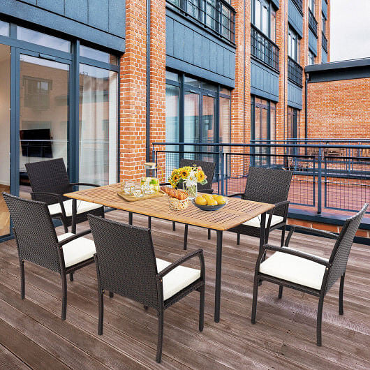 Two piece patio wicker dining armchair set with soft beige cushions and sturdy metal frames — view 4
