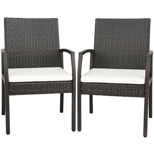 Two piece patio wicker dining armchair set with soft beige cushions and sturdy metal frames — view 5