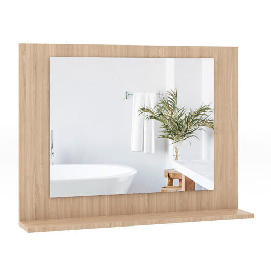 Rectangular brown wood framed bathroom wall mirror with integrated storage shelf