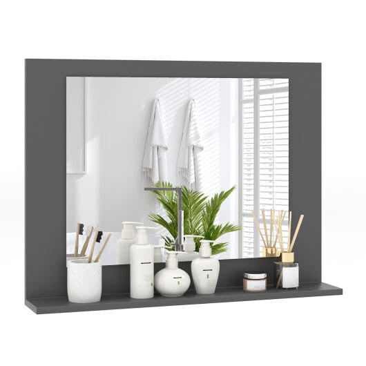 Rectangular brown wood framed bathroom wall mirror with integrated storage shelf — view 2