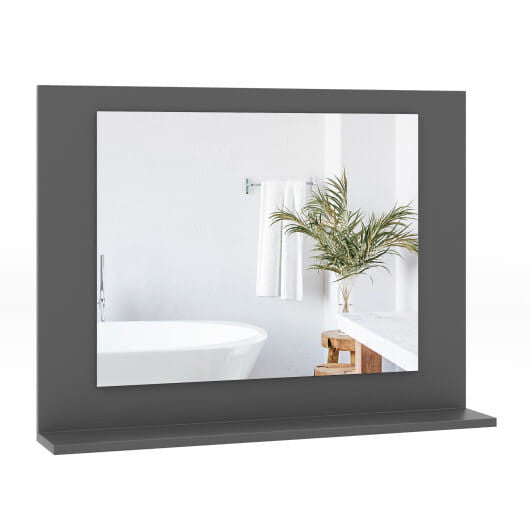 Rectangular brown wood framed bathroom wall mirror with integrated storage shelf — view 3