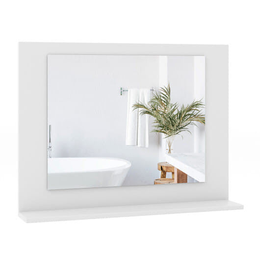 Rectangular brown wood framed bathroom wall mirror with integrated storage shelf — view 4