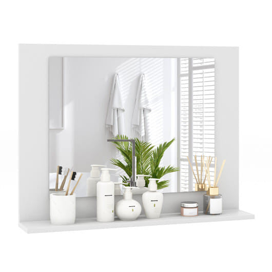 Rectangular brown wood framed bathroom wall mirror with integrated storage shelf — view 5