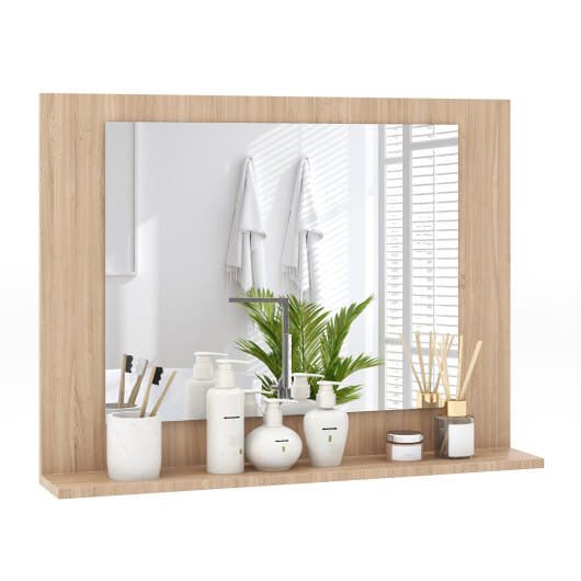 Rectangular brown wood framed bathroom wall mirror with integrated storage shelf — view 6