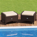 Two beige outdoor patio PE wicker ottomans with removable high-density sponge seat cushions