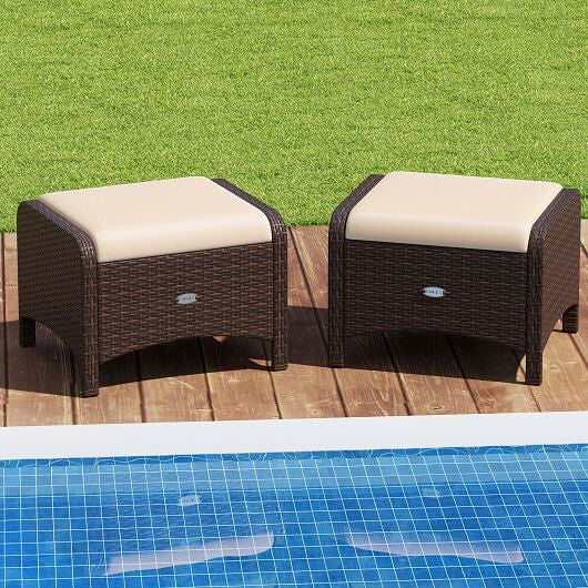 Two beige outdoor patio PE wicker ottomans with removable high-density sponge seat cushions