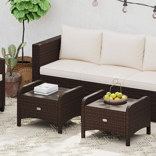 Two beige outdoor patio PE wicker ottomans with removable high-density sponge seat cushions — view 2