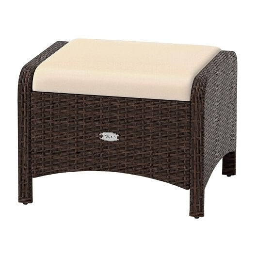 Two beige outdoor patio PE wicker ottomans with removable high-density sponge seat cushions — view 3