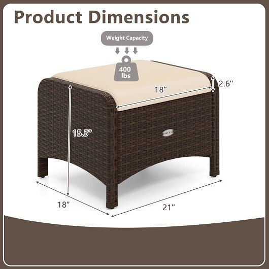 Two beige outdoor patio PE wicker ottomans with removable high-density sponge seat cushions — view 4