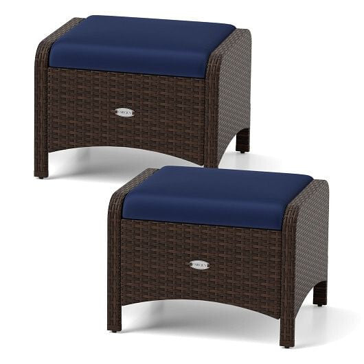 Two beige outdoor patio PE wicker ottomans with removable high-density sponge seat cushions — view 5
