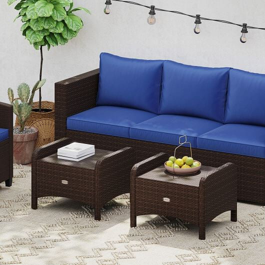 Two beige outdoor patio PE wicker ottomans with removable high-density sponge seat cushions — view 7