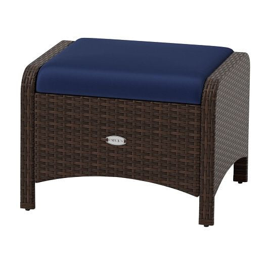 Two beige outdoor patio PE wicker ottomans with removable high-density sponge seat cushions — view 8