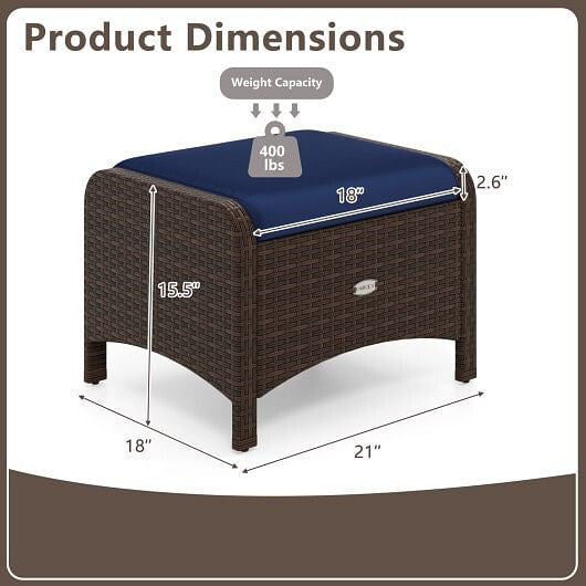Two beige outdoor patio PE wicker ottomans with removable high-density sponge seat cushions — view 9
