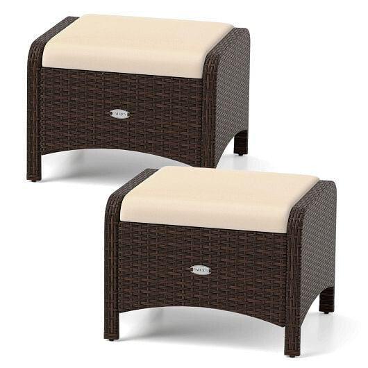 Two beige outdoor patio PE wicker ottomans with removable high-density sponge seat cushions — view 10