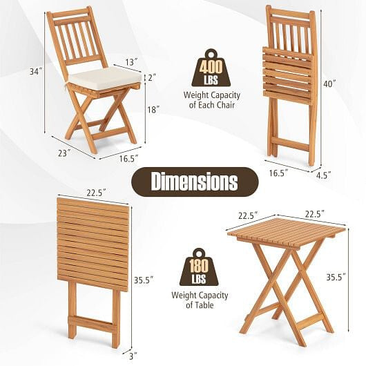Acacia wood outdoor bistro set with folding table slatted chairs and soft white seat cushions — view 4