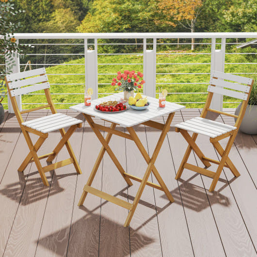 Acacia wood folding patio bistro set with two curved chairs and a square outdoor table — view 2